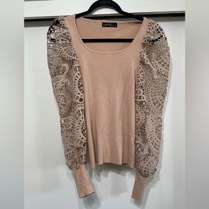 Beige/Blush Ribbed Top with Lace Sleeves